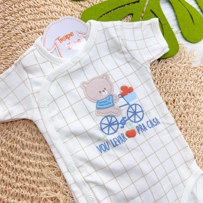 Kit 3 Peças - Bodys Manga Curta Ursos Maçãs Orgânicas - Azul Bebê, Off White e Areia